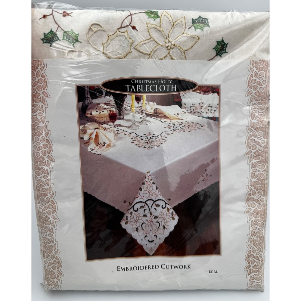Vtg 1995 Christmas Holly Tablecloth 66x84 Oblong NIP Embroidered Cutwork Ecru - Picture 10 of 11